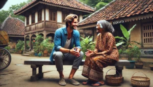 a foreign traveler interacting with an elderly Javanese woman in Yogyakarta